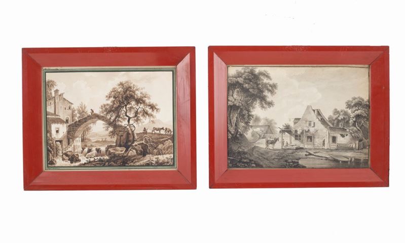 Due Acquarelli "scorci di Paesaggio con Figure"