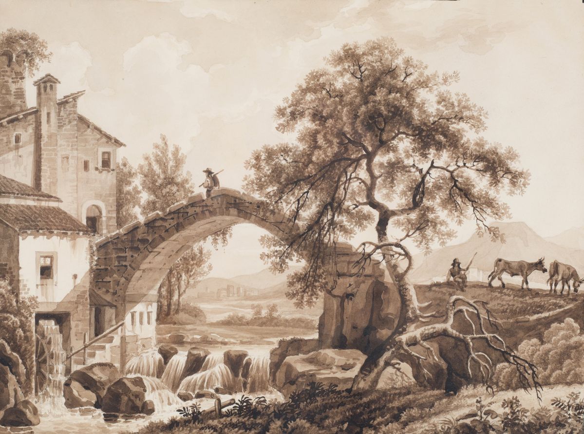 Due Acquarelli "scorci di Paesaggio con Figure"