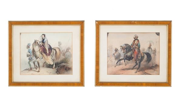 Two mixed techniques "EMIR AND NOBLEWOMAN ON HORSE"