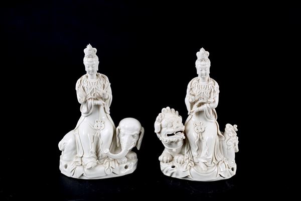 Two porcelain sculptures "GUANYIN ON FOO DOG AND ON ELEPHANT"