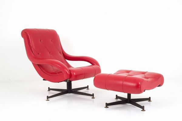 Grande poltrona con pouff in pelle rossa