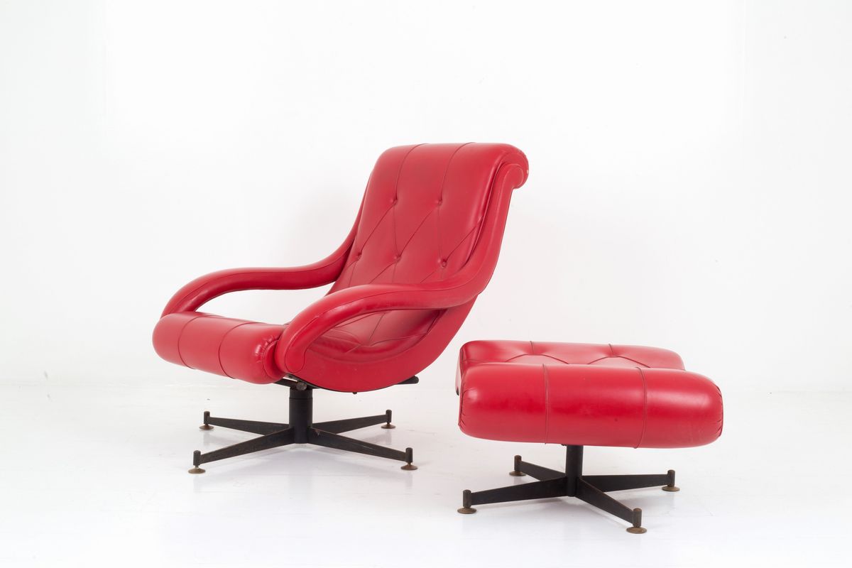 Grande Poltrona con Pouff in Pelle Rossa
