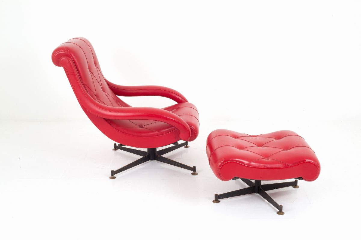 Grande Poltrona con Pouff in Pelle Rossa