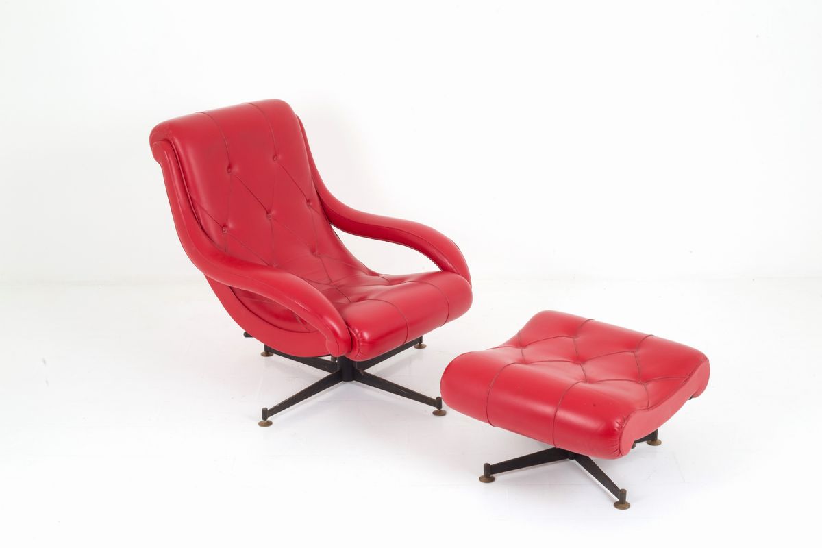 Grande Poltrona con Pouff in Pelle Rossa