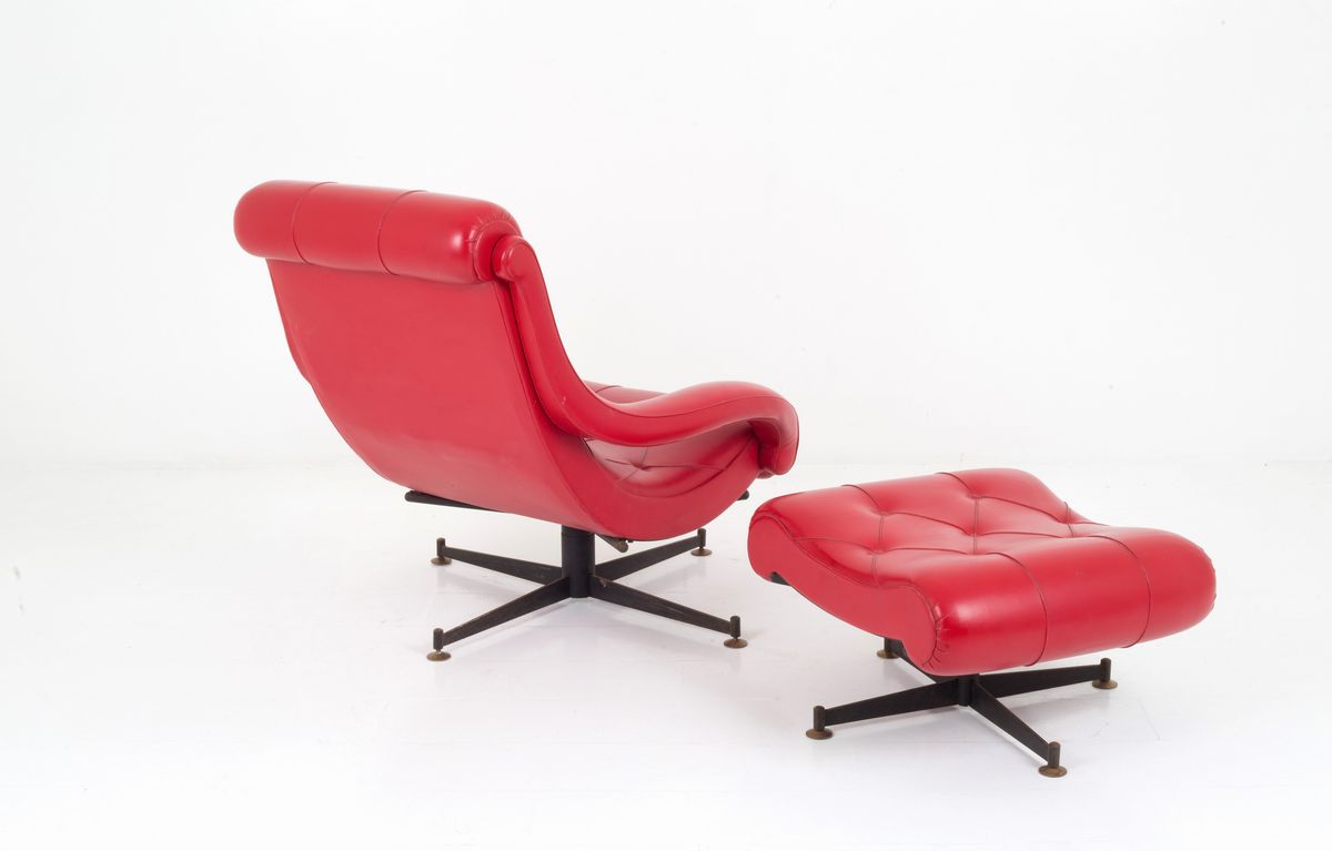 Grande Poltrona con Pouff in Pelle Rossa