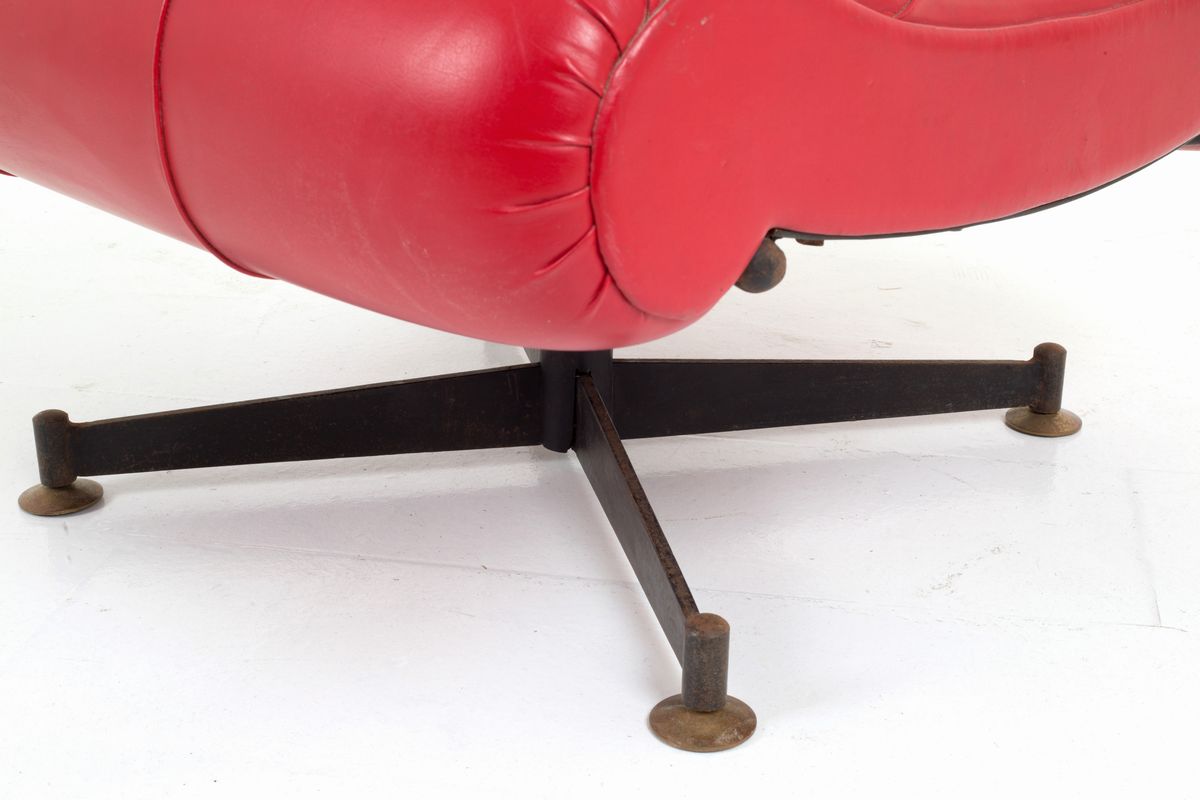 Grande Poltrona con Pouff in Pelle Rossa