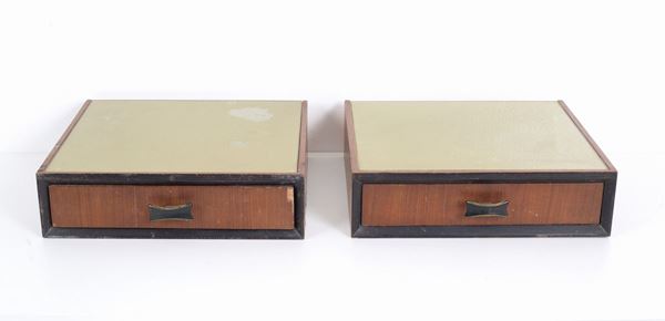Pair of hanging bedside tables in wood and glass
