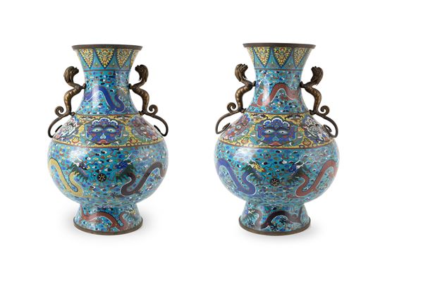 Pair of cloisonne bronze vases