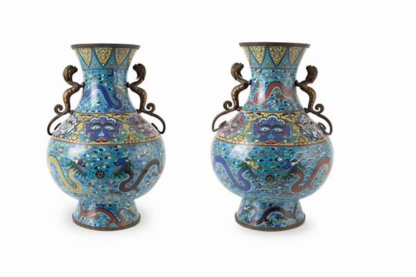Pair of cloisonne bronze vases
