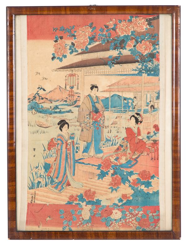 Painting on silk "ORIENTAL LIFE SCENE"