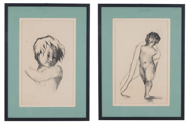 FELICE CARENA - Pair of drawings "CHILDREN"