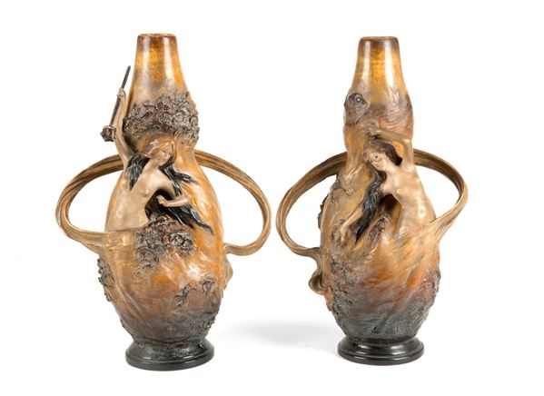 AUGUST OTTO - Pair of terracotta vases with mermaids