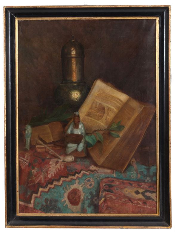 PAOLO MEZZANOTTE - Painting ''STILL LIFE WITH CARPET, BOOK AND VARIOUS OBJECTS''