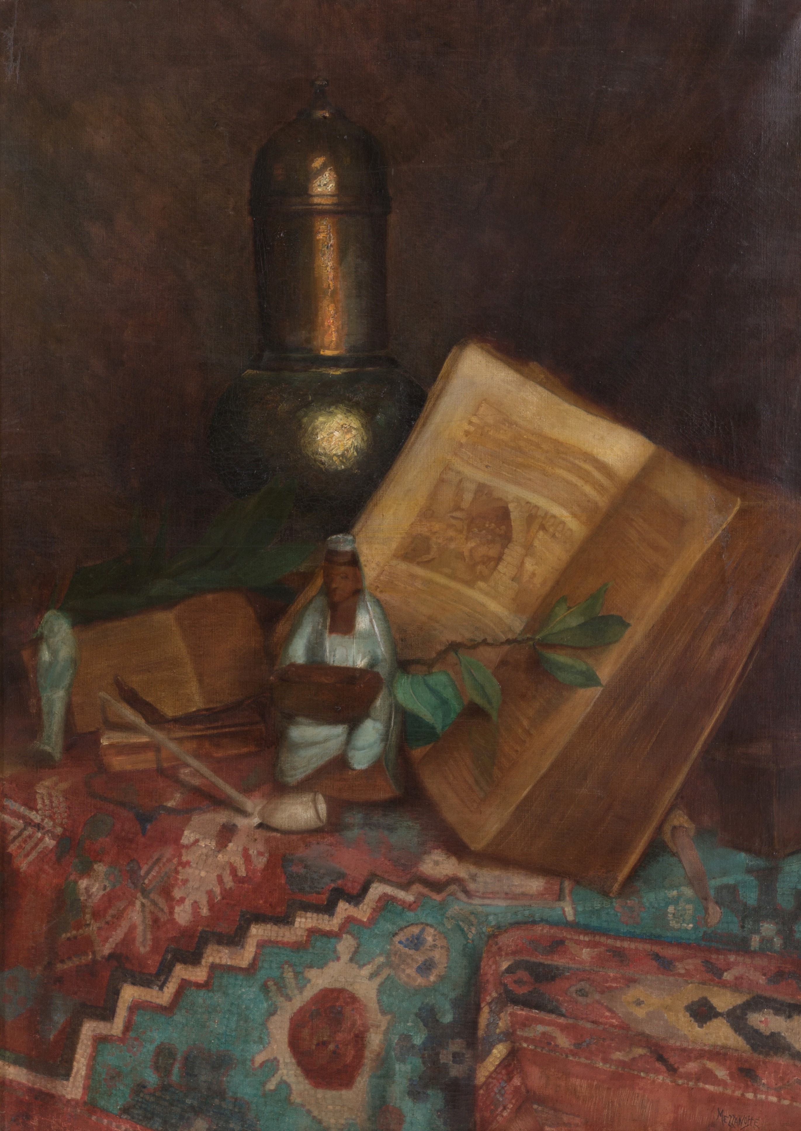 Paolo Mezzanotte - Dipinto ''natura Morta con Tappeto, Libro e Oggetti Vari''