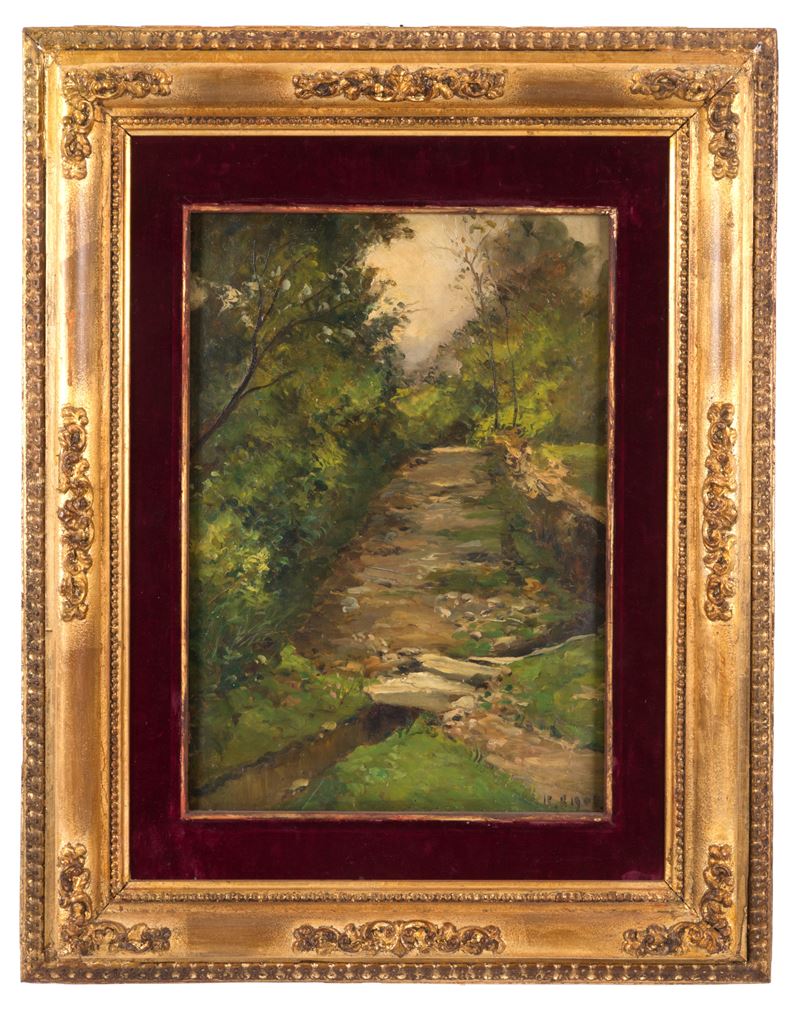 Lorenzo Delleani - Dipinto "ruscello tra il Bosco"