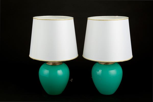 Pair of aquamarine glass lamps