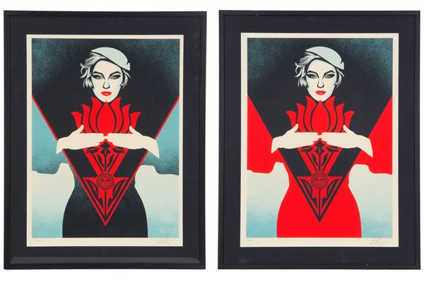 FRANK SHEPARD FAIREY OBEY - Litografie "NOIR (RED AND BLUE) FLOWER WOMEN"