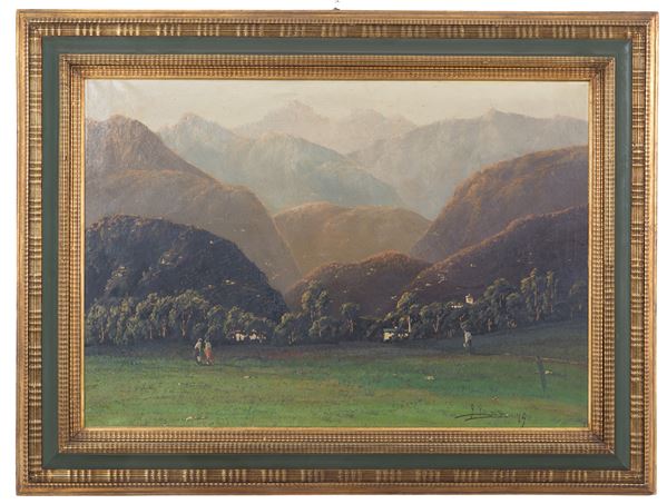 GIUSEPPE PESSINA - Dipinto "PAESAGGIO MONTANO CON FIGURE"