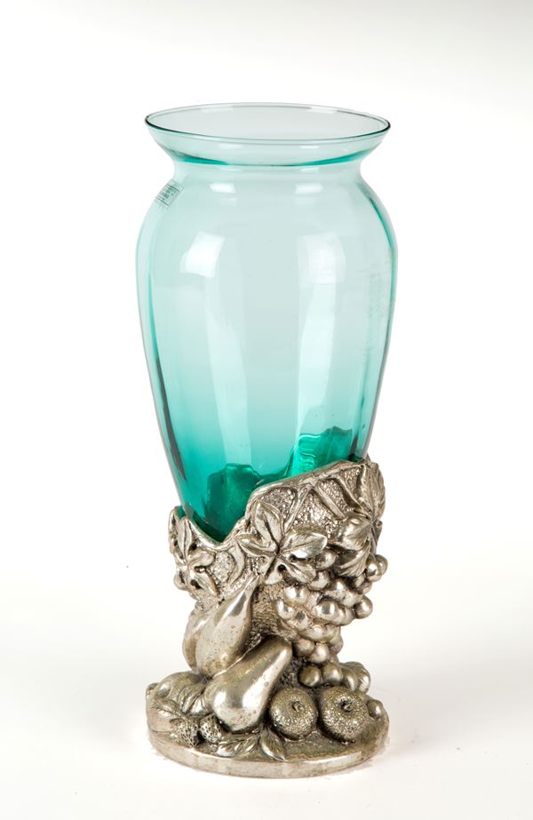 Vaso in vetro con base in rame argentato