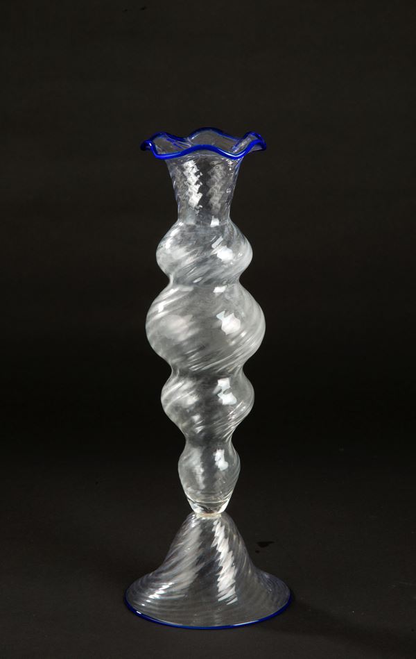 Clear glass vase with blue rim. SALVIATI