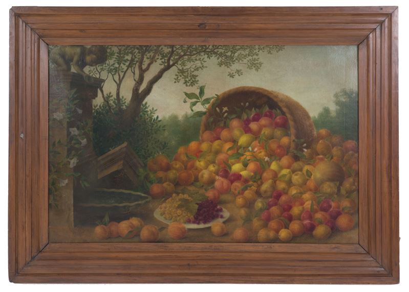 Dipinto "PAESAGGIO CON CANESTRA DI FRUTTA"