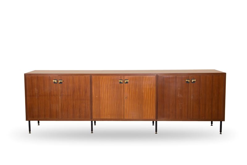 Credenza in mogano, anni '70, con dettagli in ottone e vetro