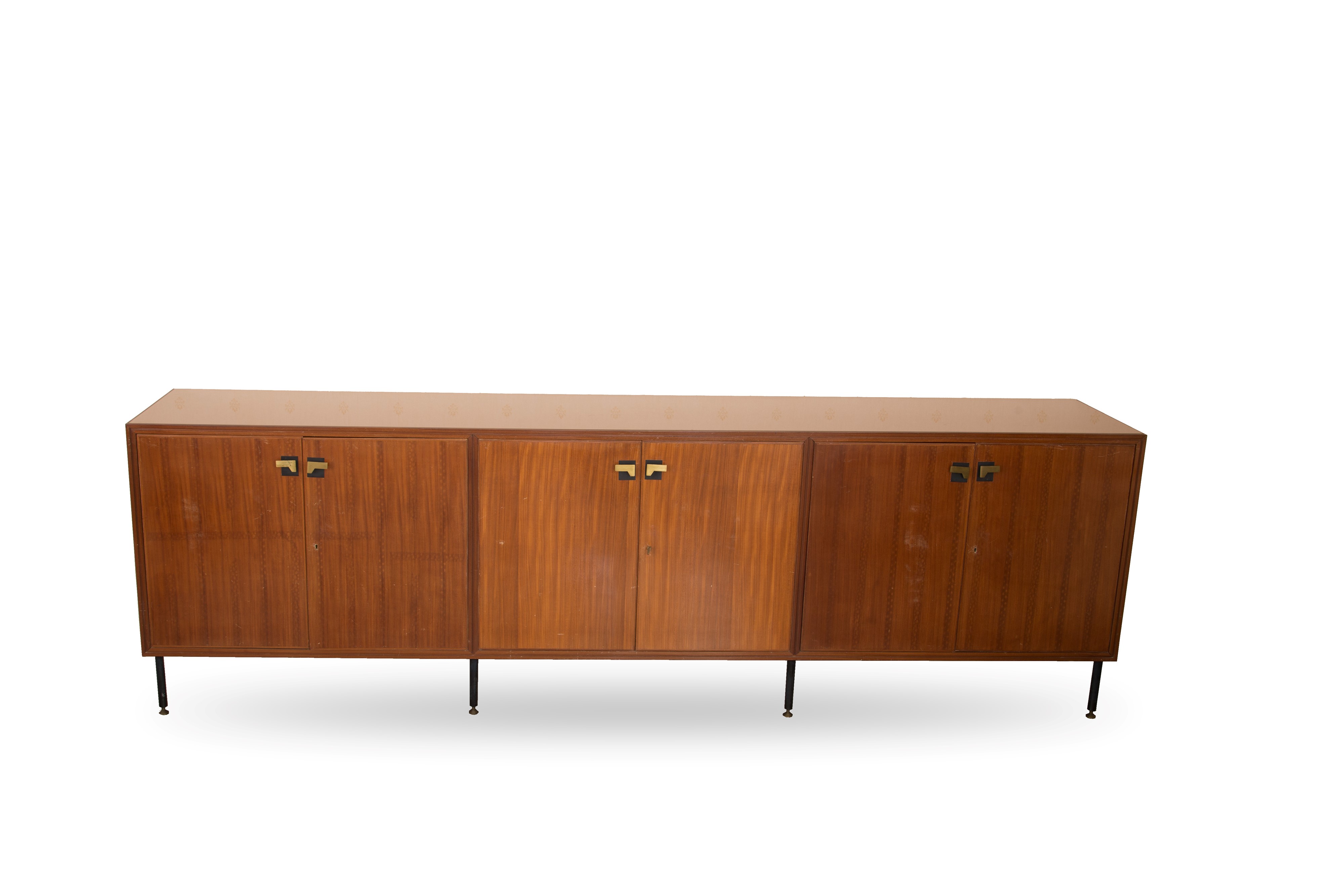 Credenza in mogano, anni '70, con dettagli in ottone e vetro