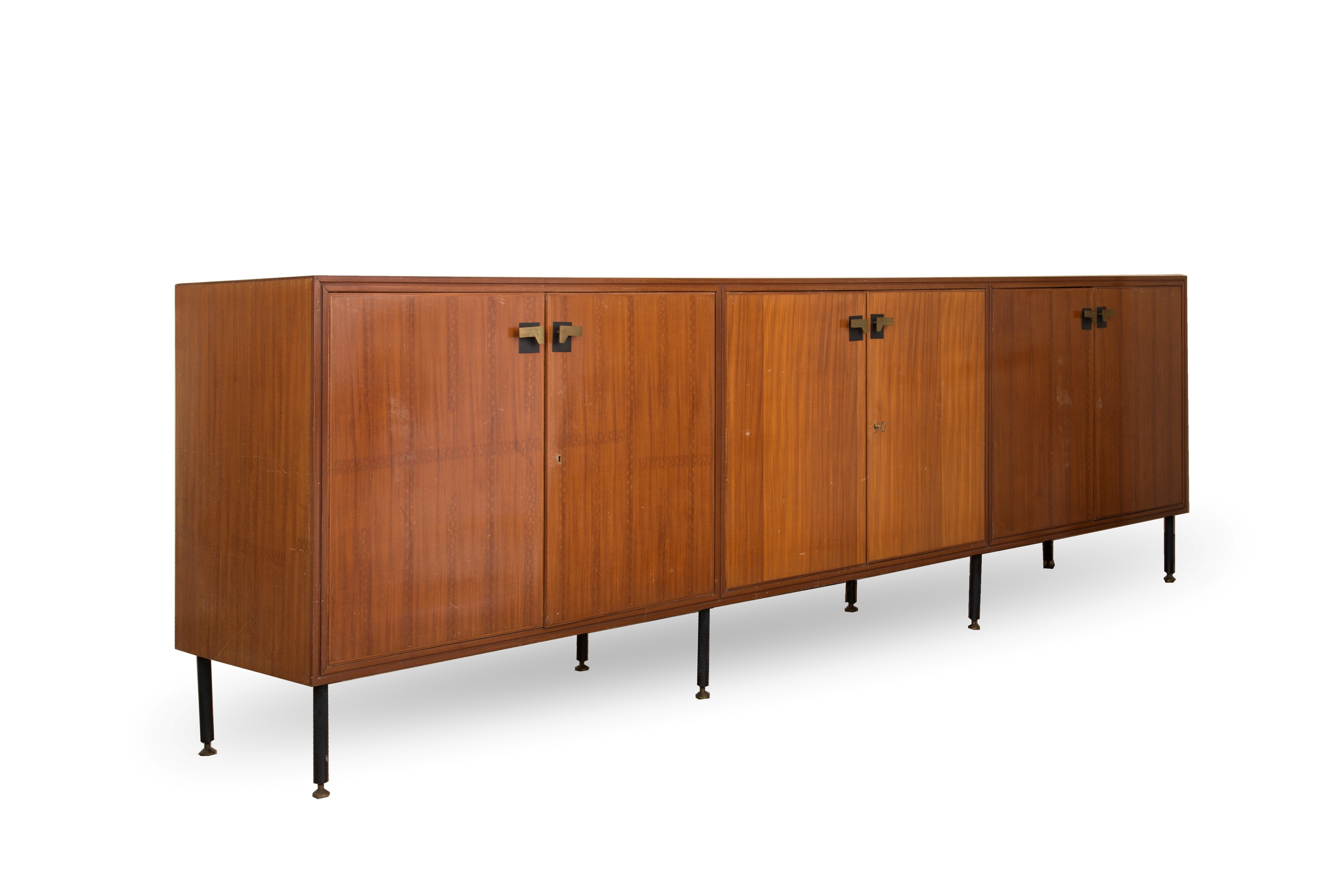 Credenza in mogano, anni '70, con dettagli in ottone e vetro