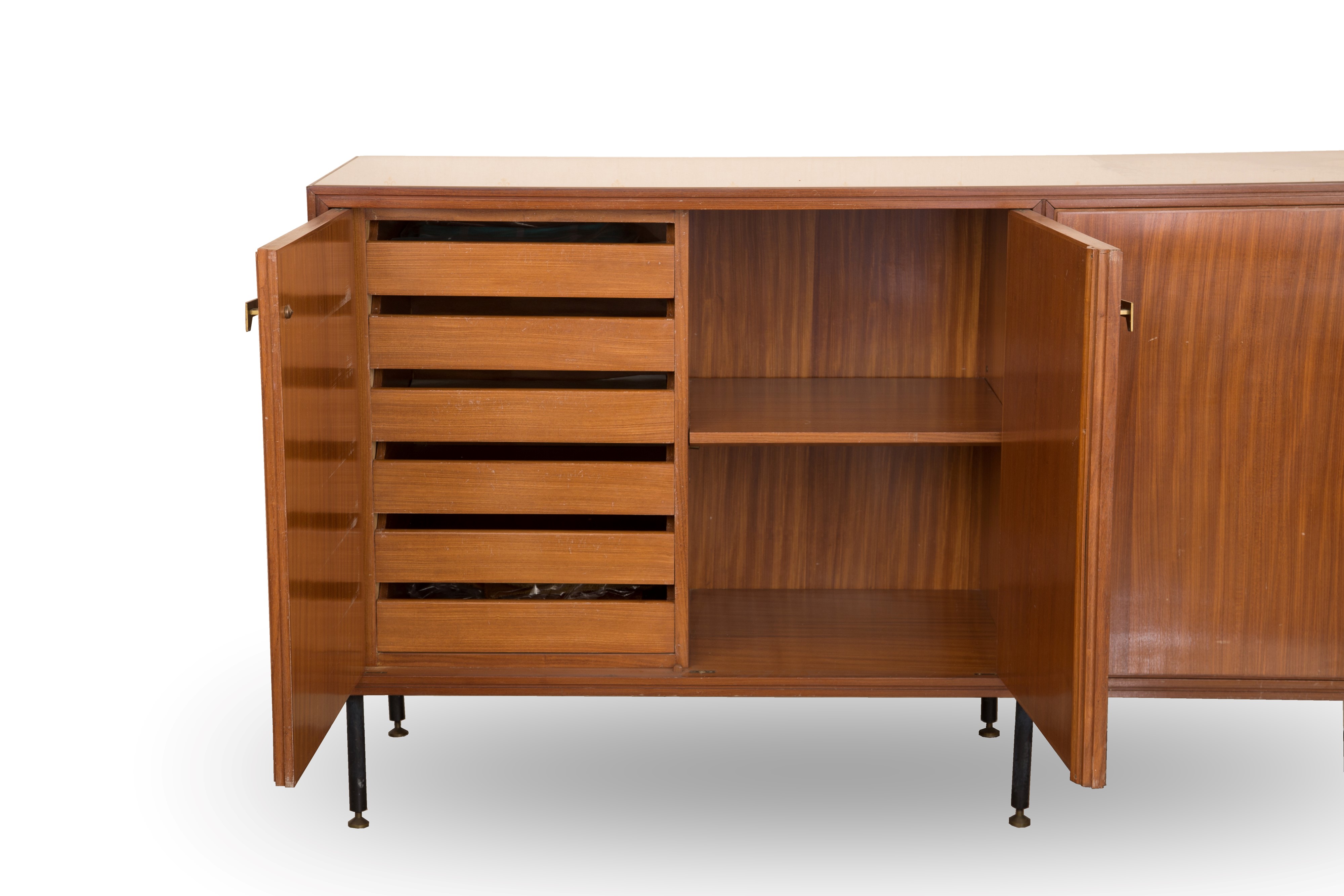 Credenza in mogano, anni '70, con dettagli in ottone e vetro