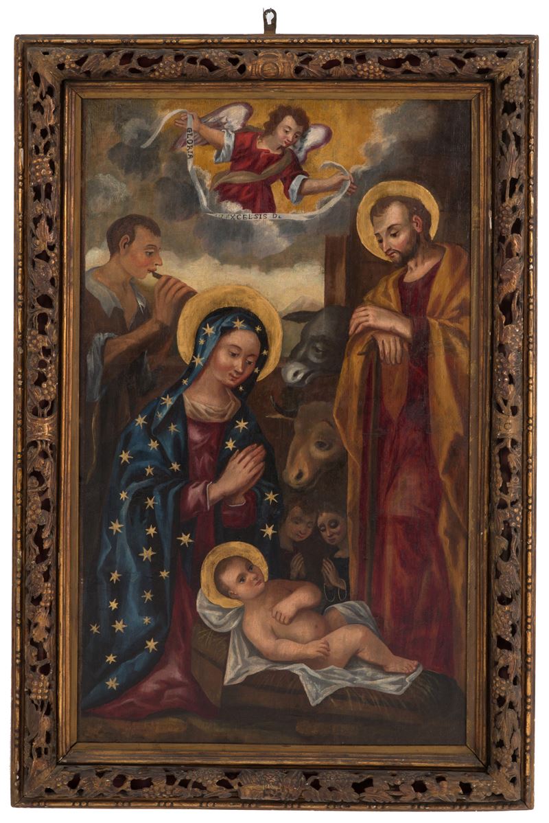 Dipinto "sacra Famiglia con Pastore e Angeli"