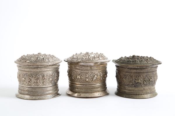 Three Betel nut boxes in silver metal