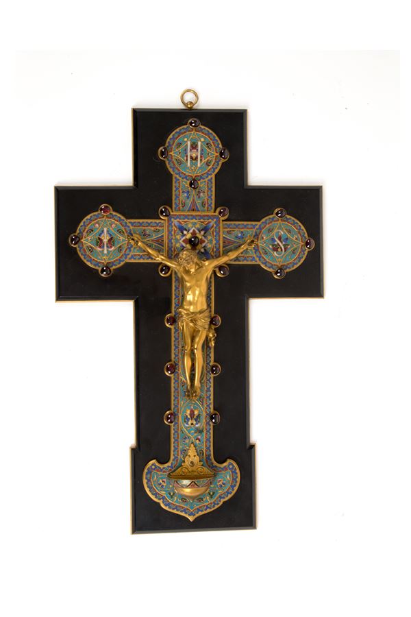 FERDINAND BARBEDIENNE - Crucifix in gilded bronze and enamel on marble