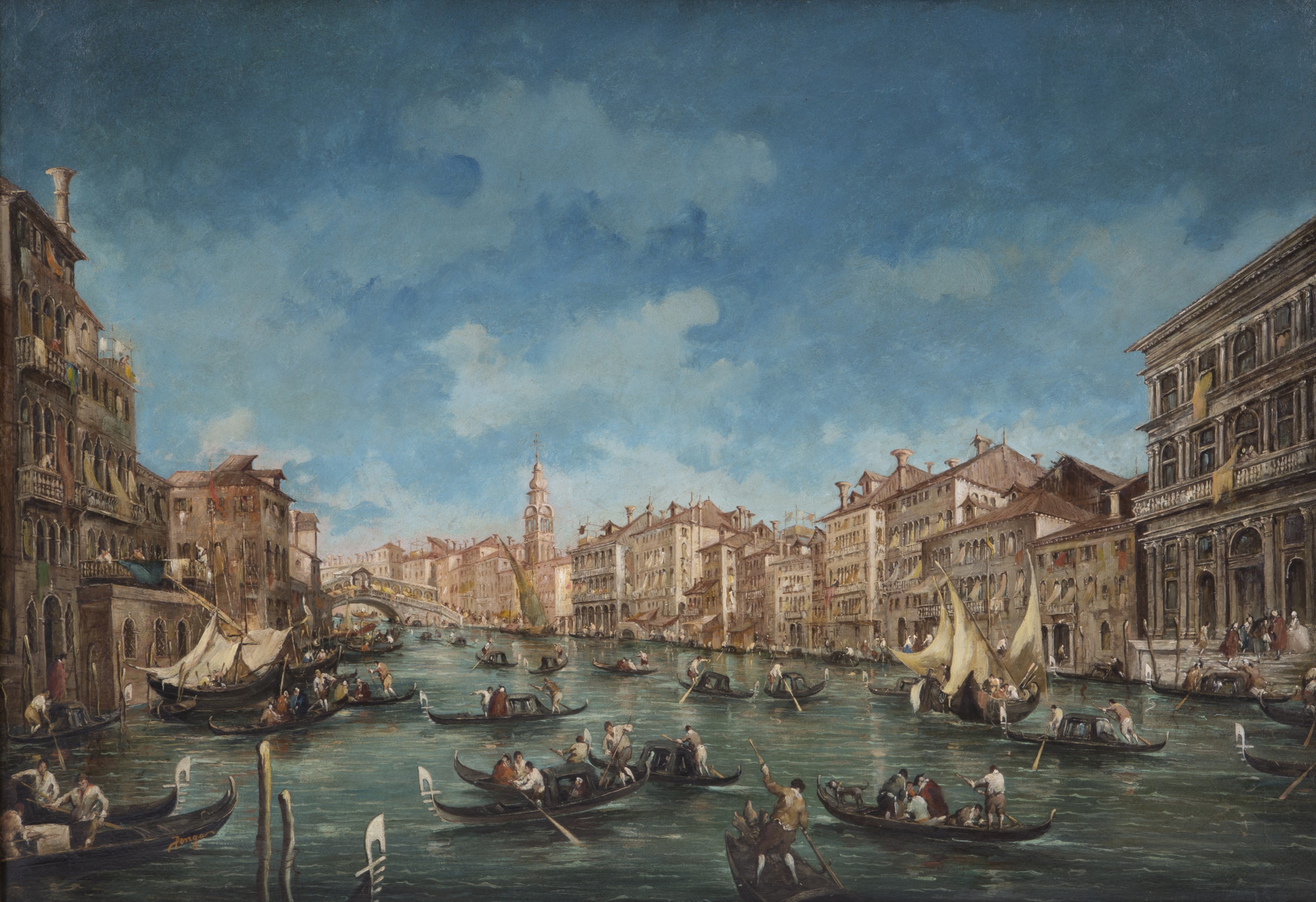 Giuseppe Ponga - Dipinto "veduta del Canal Grande Verso il Ponte di Rialto"