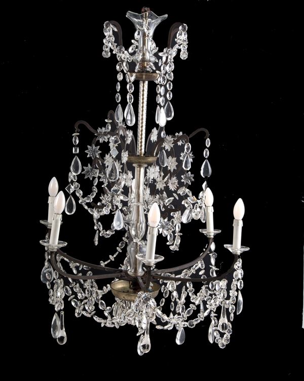 Six-light iron and glass chandelier