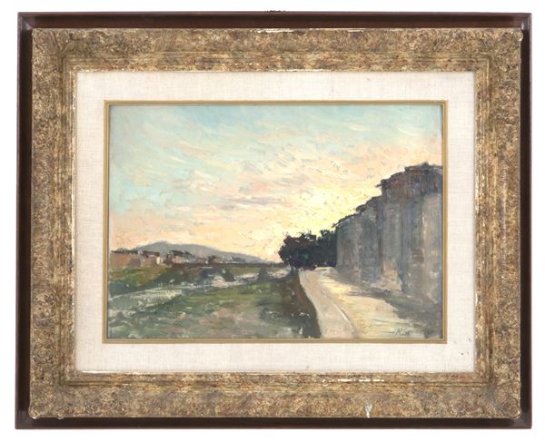 MARIO BORGIOTTI - Painting "SUNSET ON THE LUNGARNI AT THE CASCINE"