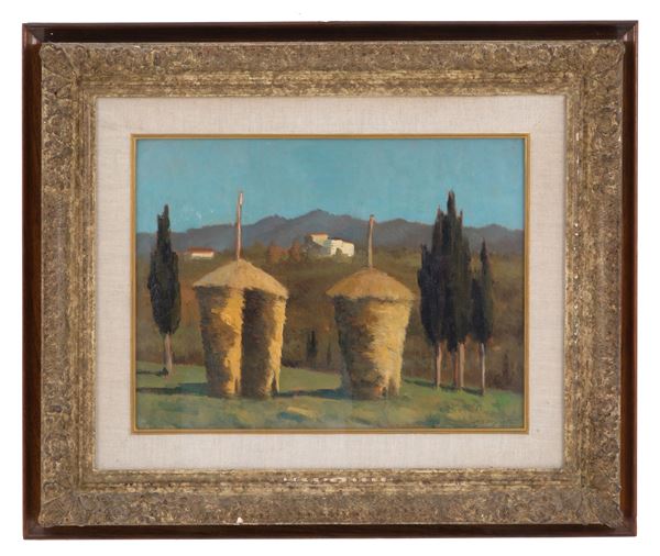 MARIO BORGIOTTI - Painting "CYPRESSES AND HAYSTACKS"