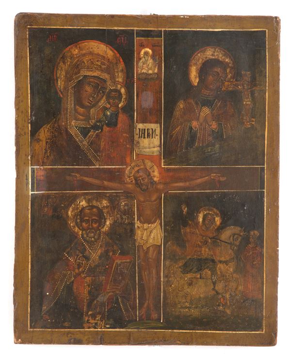 Double-faced icon "JESUS AND ANGELS" and "CRUCIFIED, MADONNA AND SAINTS"