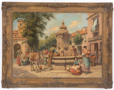 Dipinto "piazzetta con Fontana e Personaggi"
