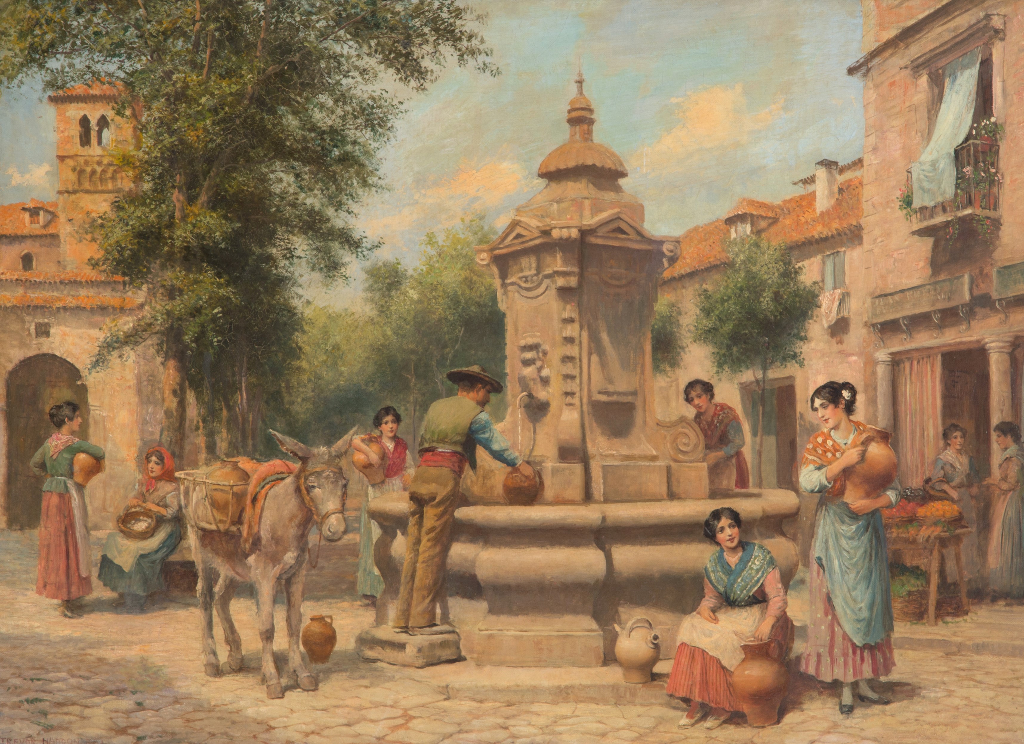Arthur Trevor Haddon - Dipinto "piazzetta con Fontana e Personaggi"