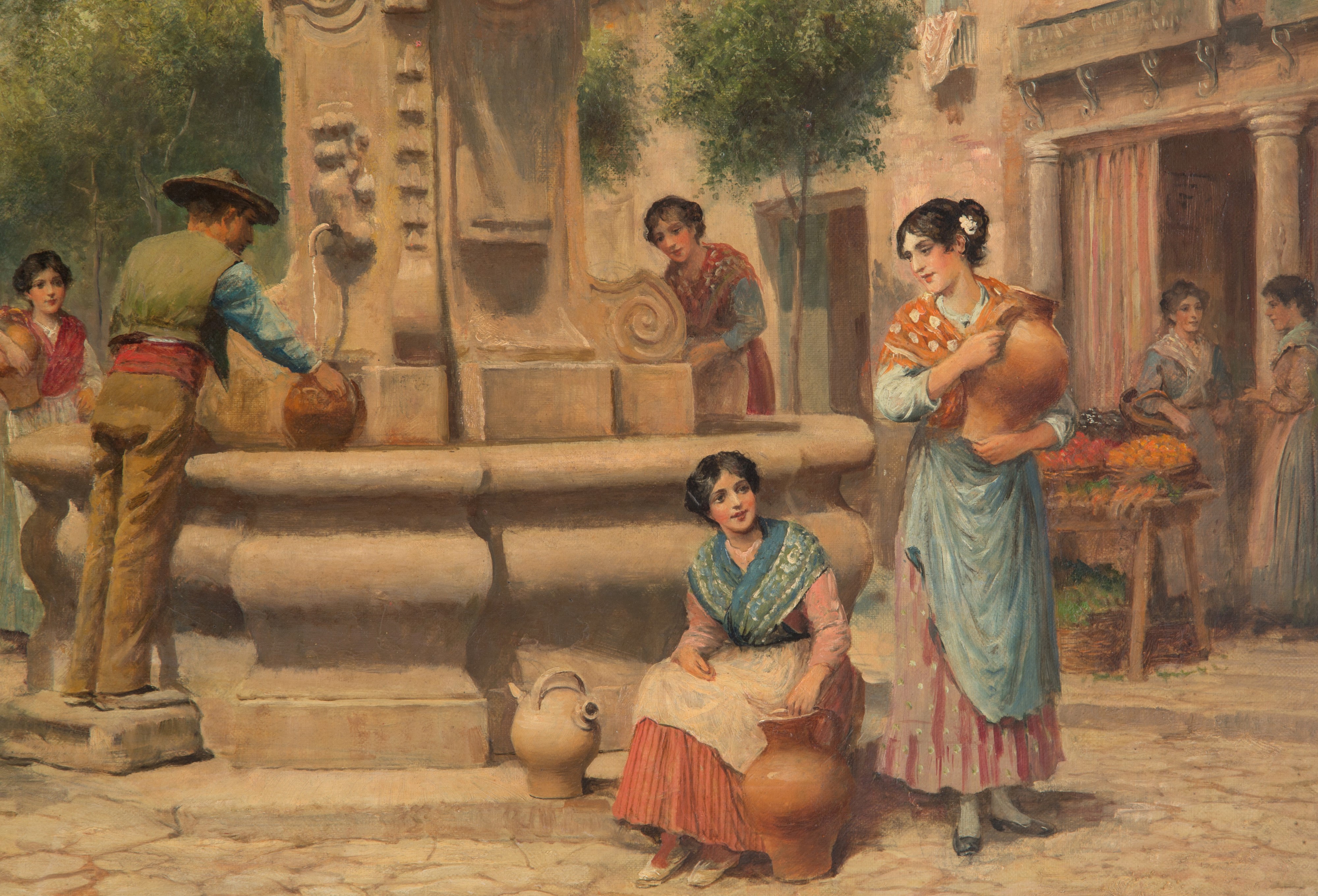 Arthur Trevor Haddon - Dipinto "piazzetta con Fontana e Personaggi"