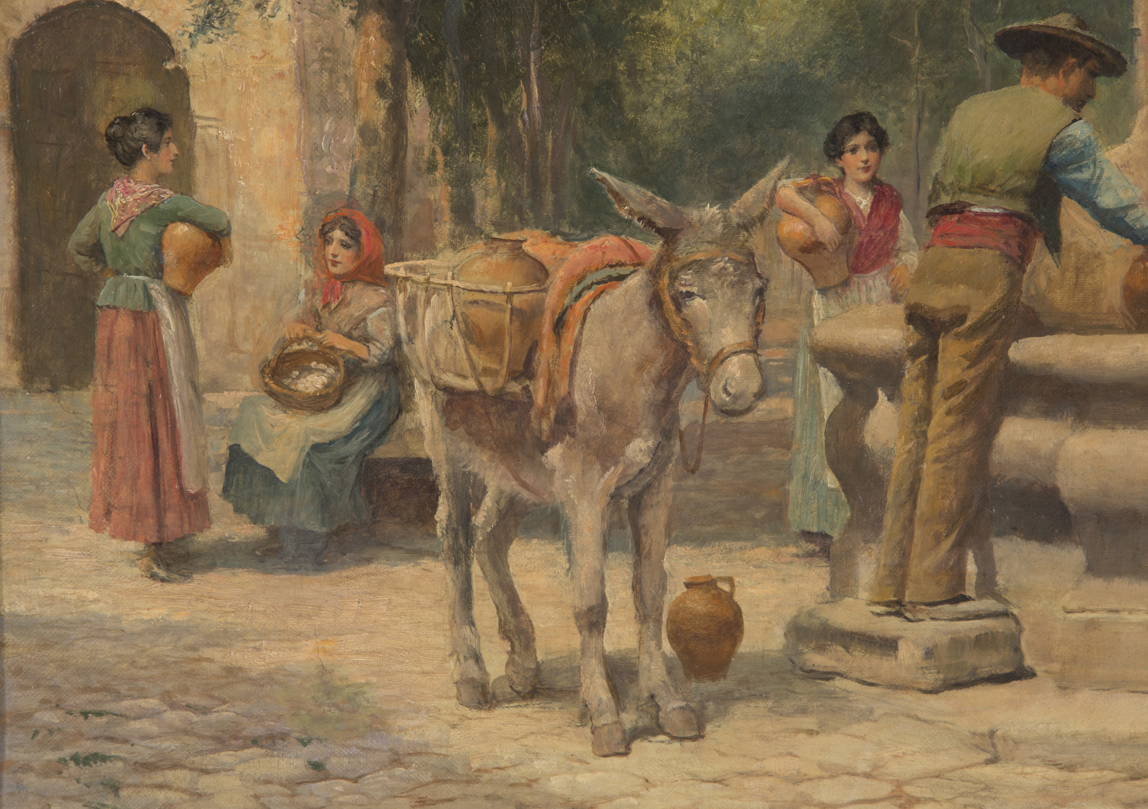 Arthur Trevor Haddon - Dipinto "piazzetta con Fontana e Personaggi"
