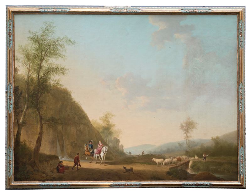 Dipinto "paesaggio con Personaggi e Animali"