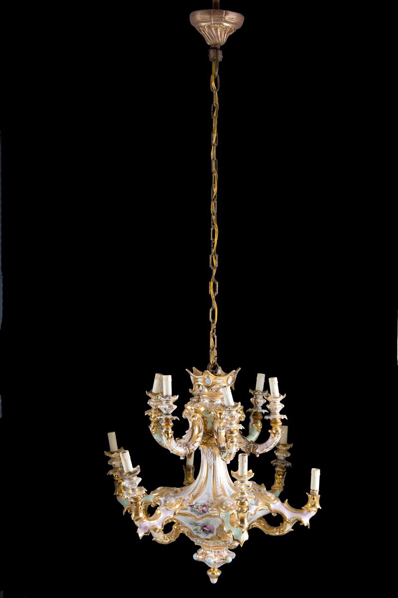 Lampadario a Due Palchi in Porcellana