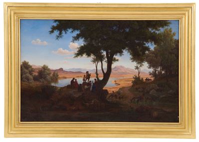 Dipinto "paesaggio con Fiume e Personaggi"