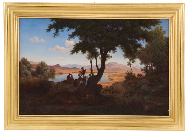 Dipinto "paesaggio con Fiume e Personaggi"