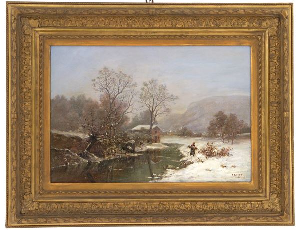 PROSPERO RICCA - Painting "WINTER LANDSCAPE WITH CHARACTERS"