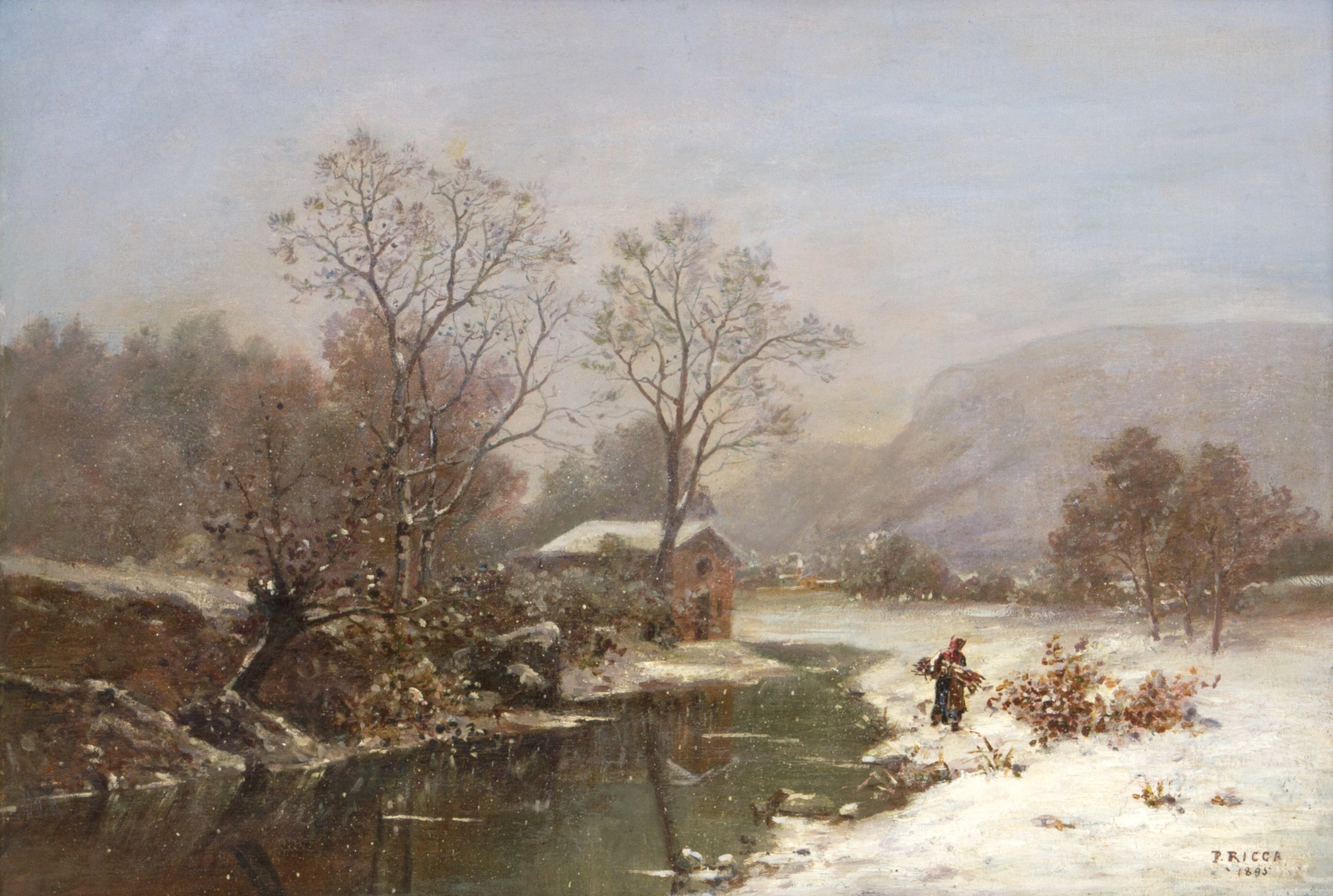 Prospero Ricca - Dipinto "paesaggio Invernale con Personaggi"
