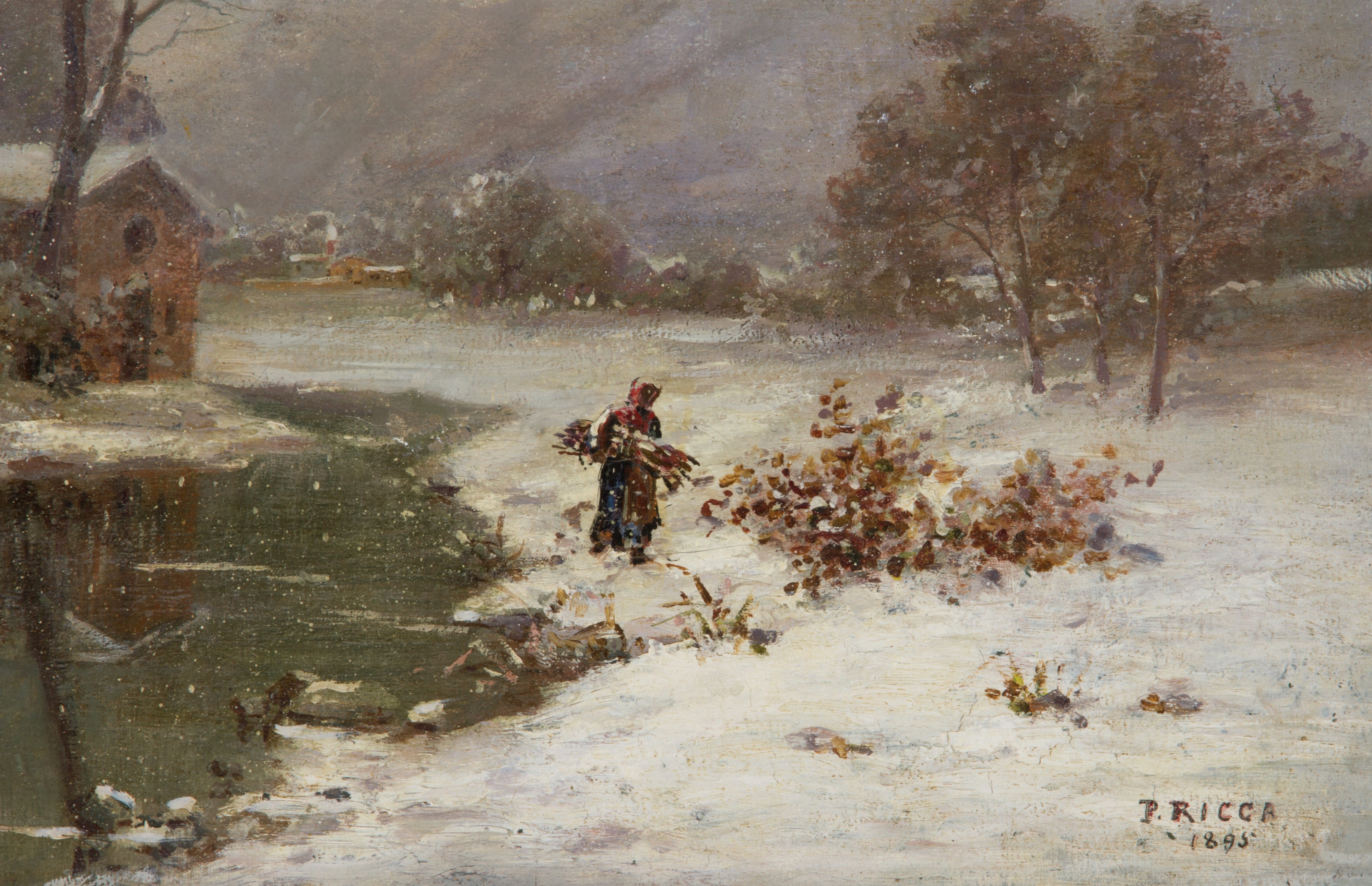 Prospero Ricca - Dipinto "paesaggio Invernale con Personaggi"