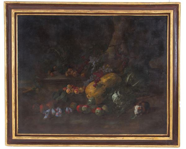 ANGELO MARIA ROSSI PSEUDO FARDELLA o PITTORE DI CARLO TORRE - Dipinto "FRUTTI E VERDURE ALL'APERTO CON UN PORCELLINO D'INDIA"