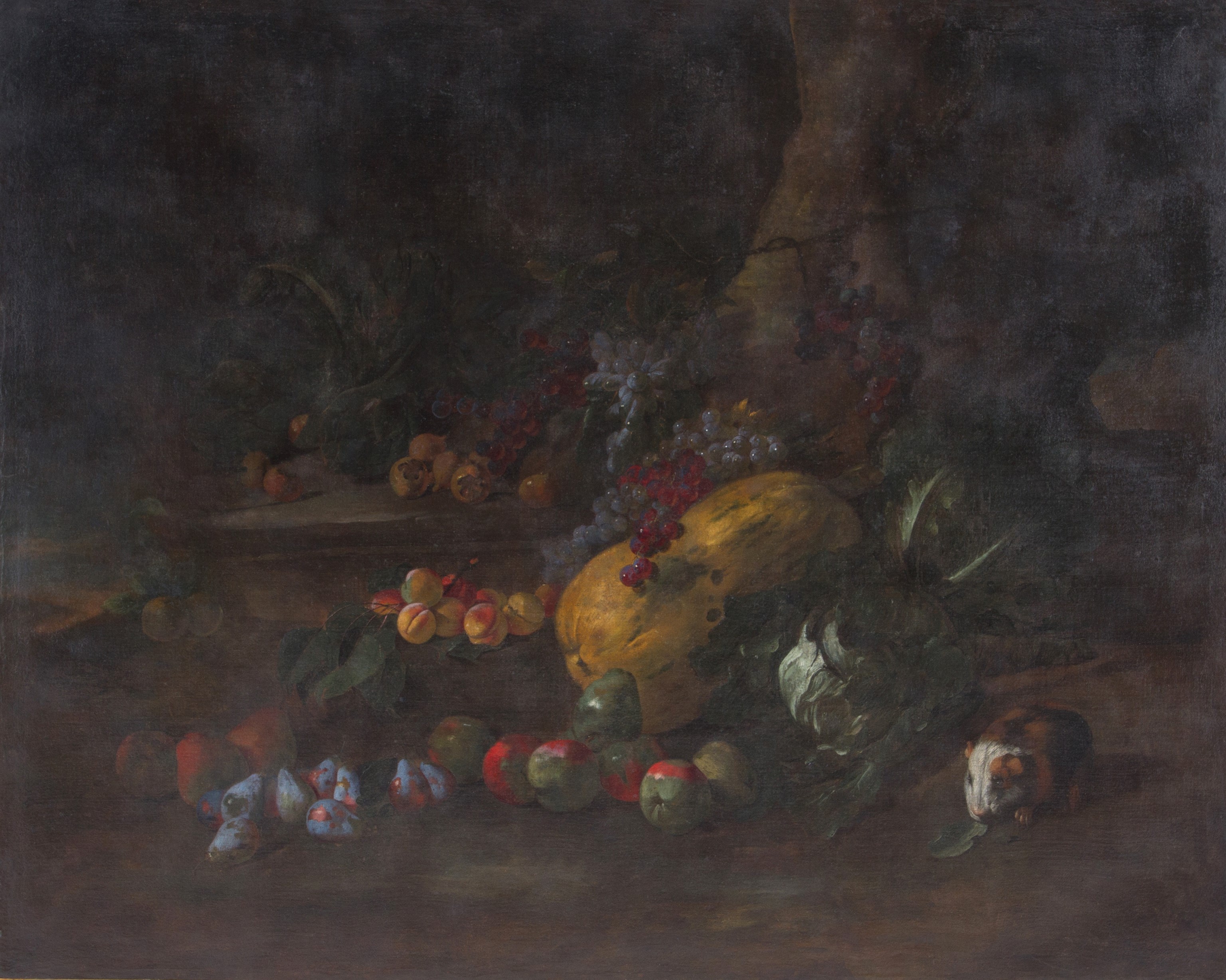 Dipinto "FRUTTI E VERDURE ALL'APERTO CON UN PORCELLINO D'INDIA"